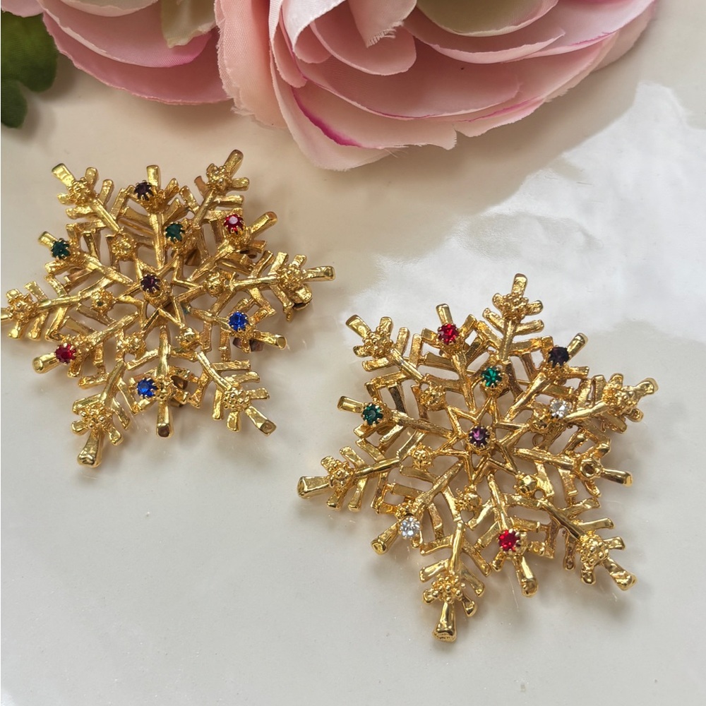 Gold Snowflake Brooches with Colorful Rhinestone Earrings Attached (set of 2)